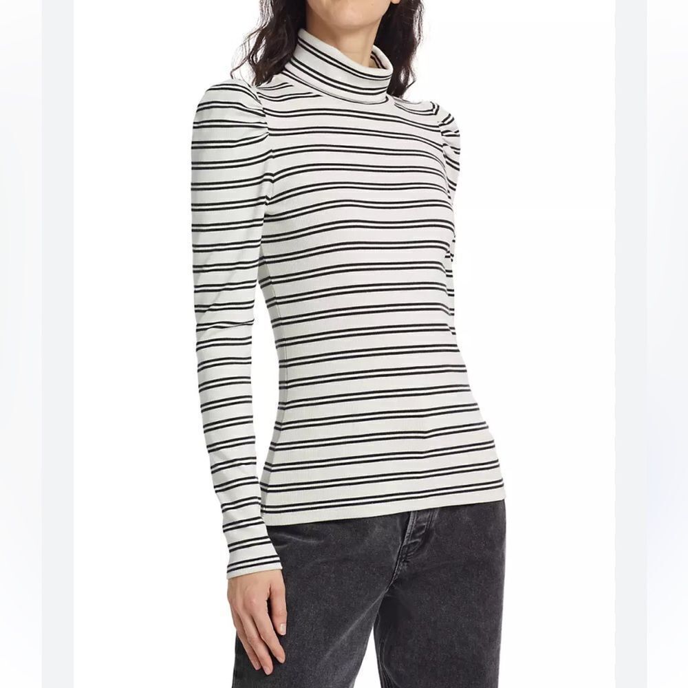 Veronica Beard Black and White Striped Cotton Turtleneck Top